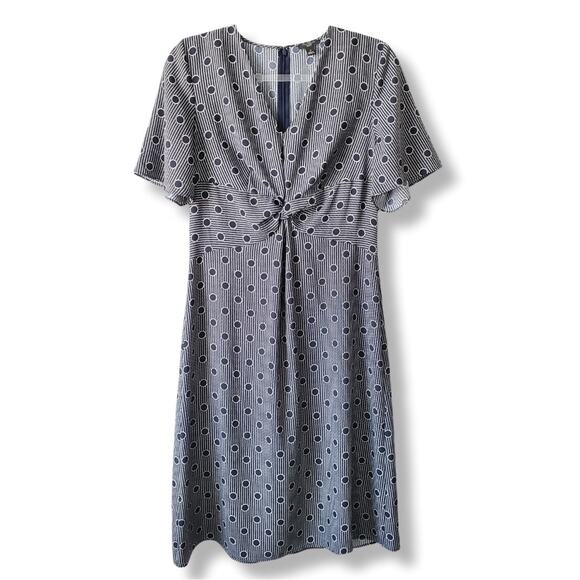 Ann Taylor Navy Blue White Print Midi Dress 8P Twist Waist Retro Twee Career NEW - Picture 1 of 10